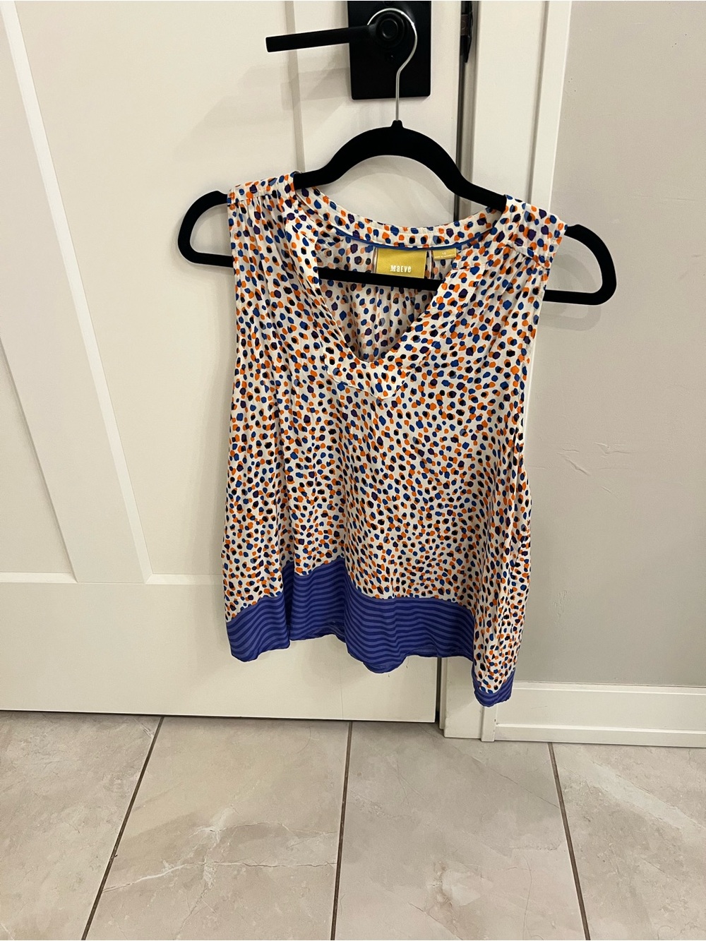 Maeve White Sleeveless Dot Print Top with Blue Border